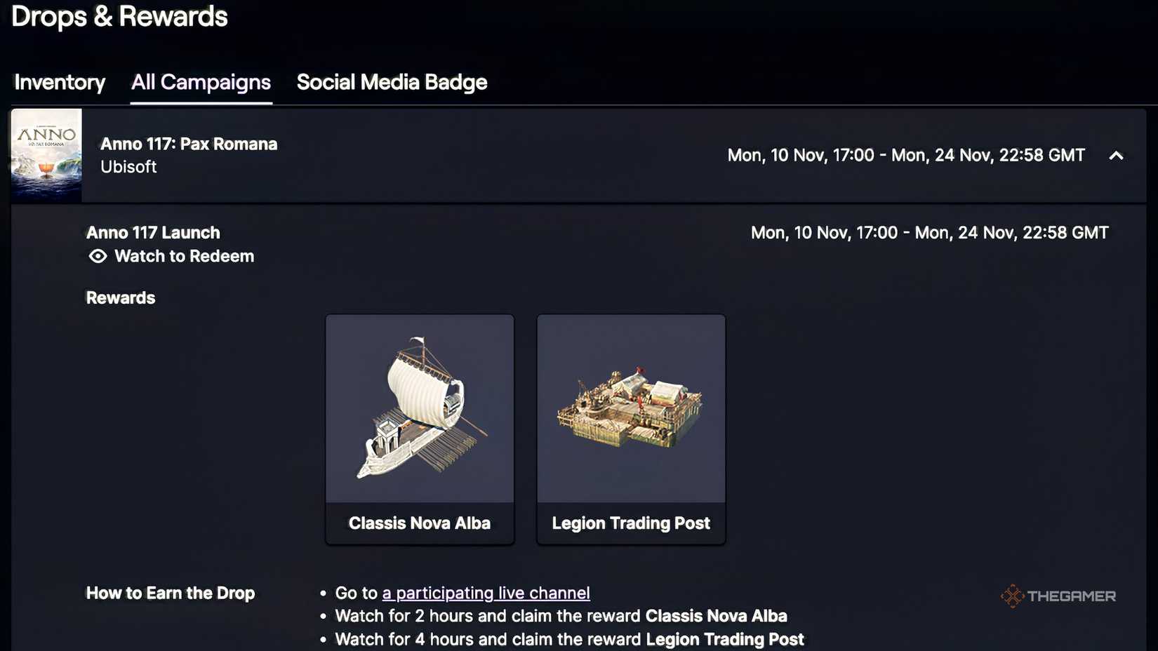 Anno 117 Pax Romana Twitch Drops.