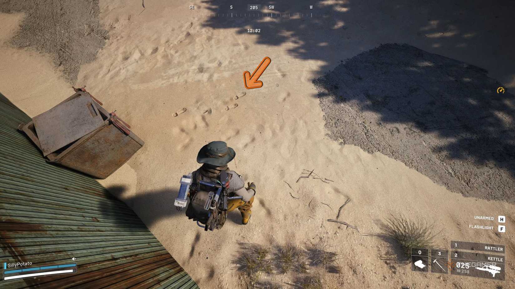 Arc Raiders Su Durante warehouse footprints in the sand.