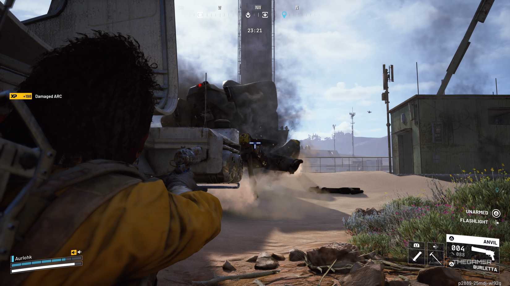Player Raider aiming at a damaged Bastion's leg joints with an Anvil in Arc Raiders.