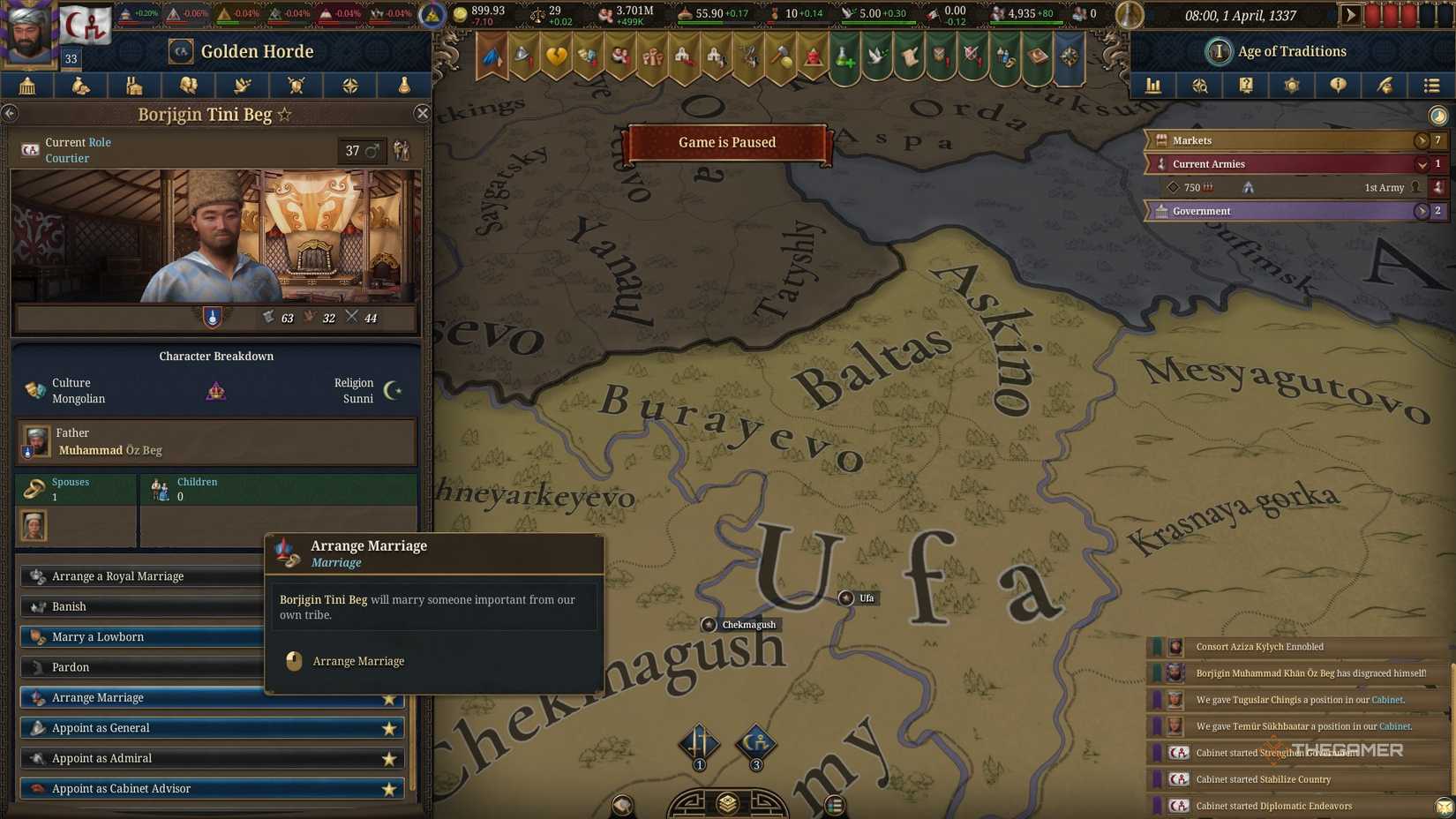 Arranging a marriage for Borjigin Tini Beg from the Golden Horde in Europa Universalis 5.