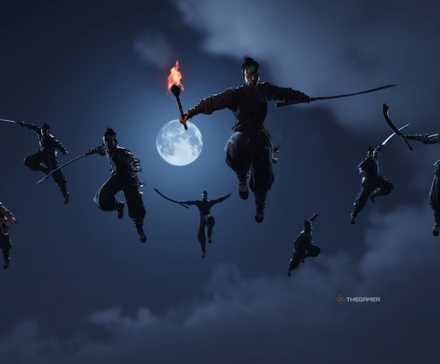 Aureate soldiers flying into Blissful Retreat in Where Winds Meet.