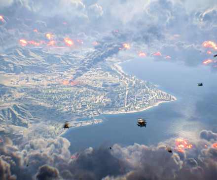 Battlefield 6 helicopters flying over California while a firestorm closes in.