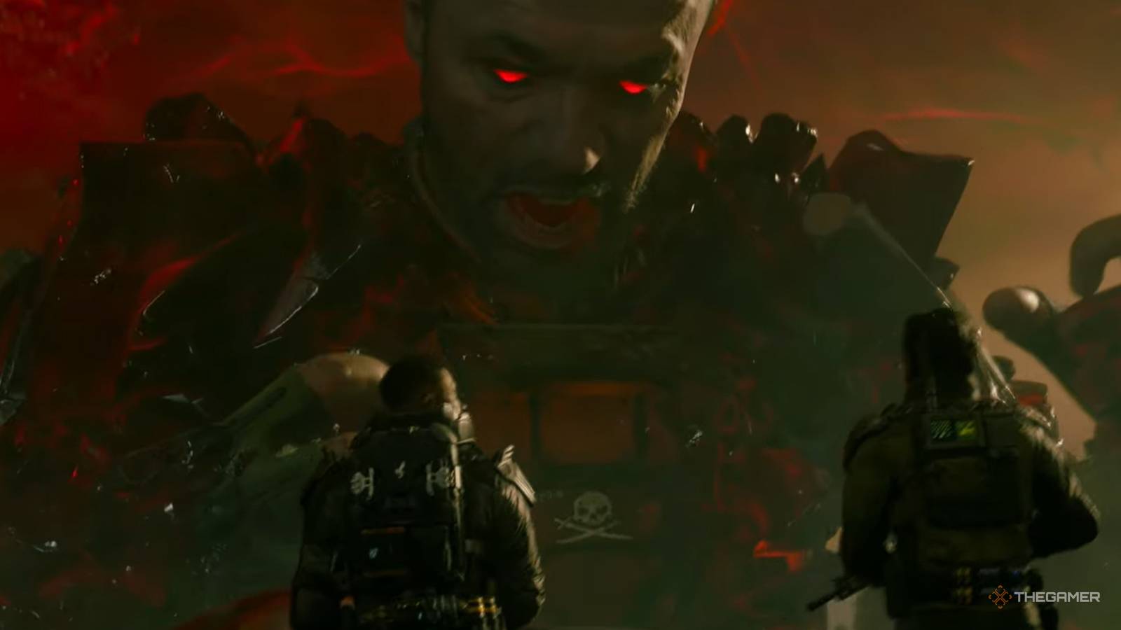 Black Ops 7 campaign players looking up at a giant Harper.