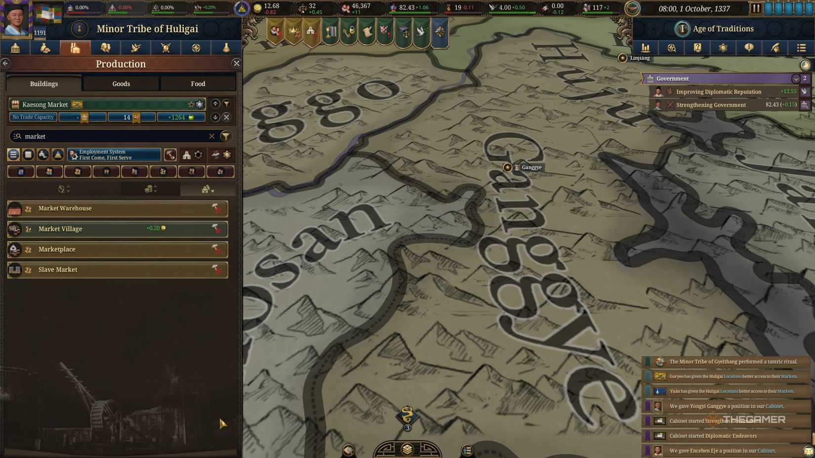Building new Market buildings in the Huligai capital of Ganggye in Europa Universalis 5.