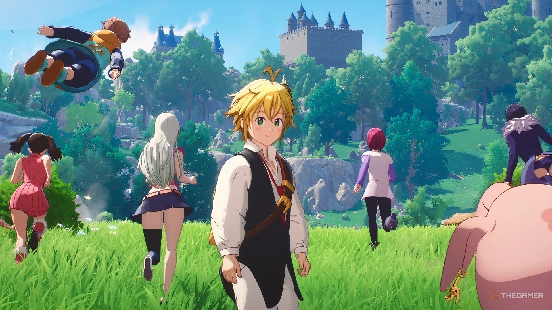 Characters in seven deadly sins origin walking away from the camera as one turns to face us.