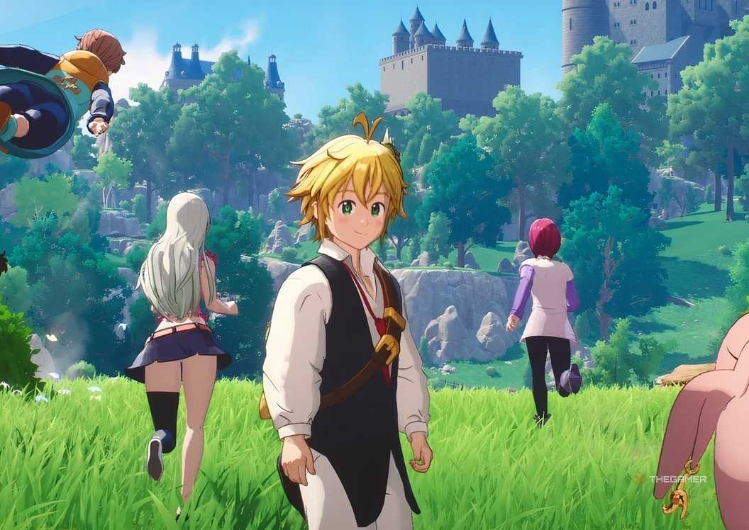 Characters in seven deadly sins origin walking away from the camera as one turns to face us.
