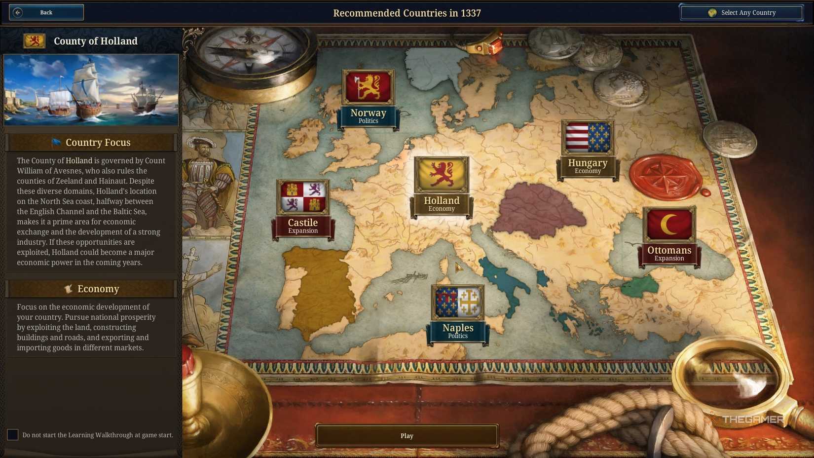 Choosing an economy country in Holland playing Europa Universalis 5 for an easier time with the Economy Mission Trees.