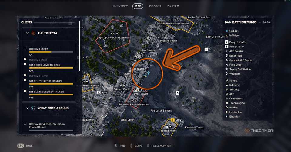 Dam Battlegrounds map showing the sluice ledge in Arc Raiders.