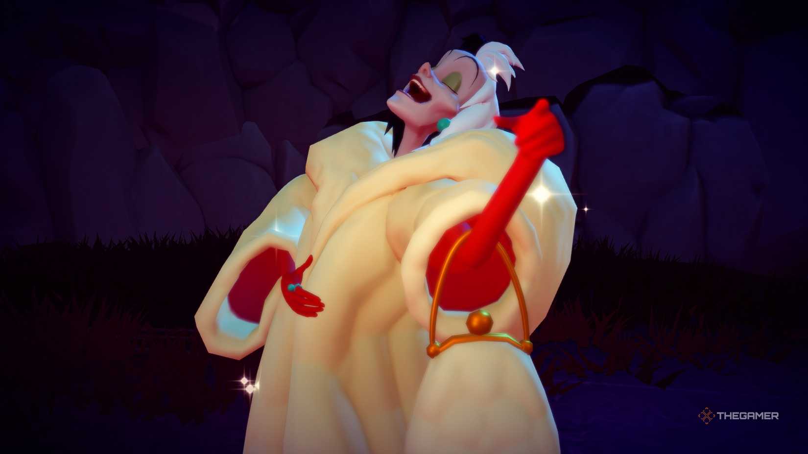 Disney Dreamlight Valley Cruella laughing in a dark cave.