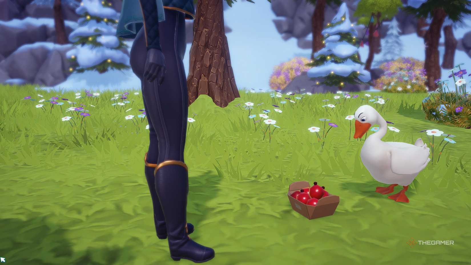 Disney Dreamlight Valley Feeding a goose berries.