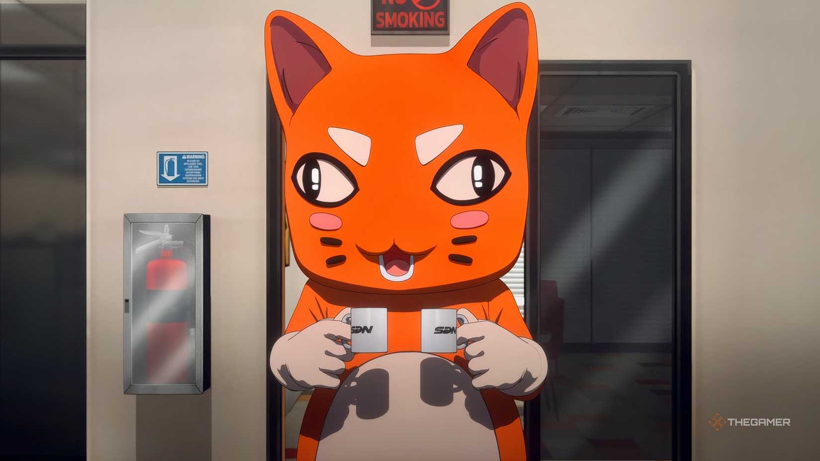 Dispatch Cat Mascot holding two mugs of coffee.