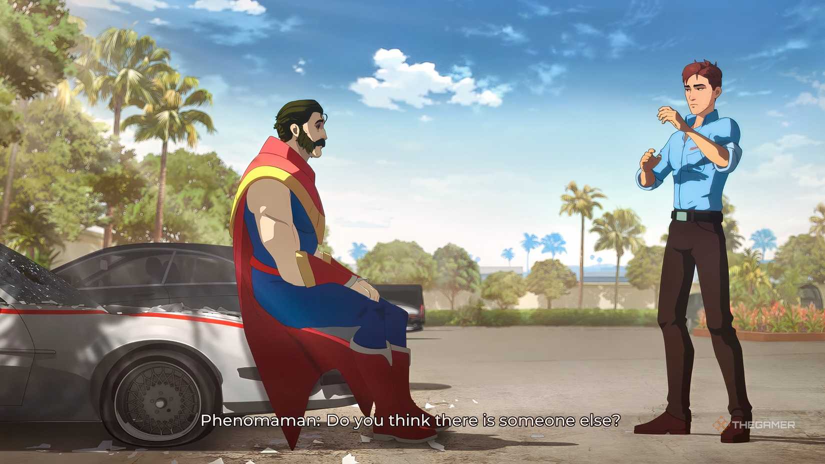 Dispatch Episode 4: Phenomenal Man sitting on the bonnet of a broken car and talking to Robert.