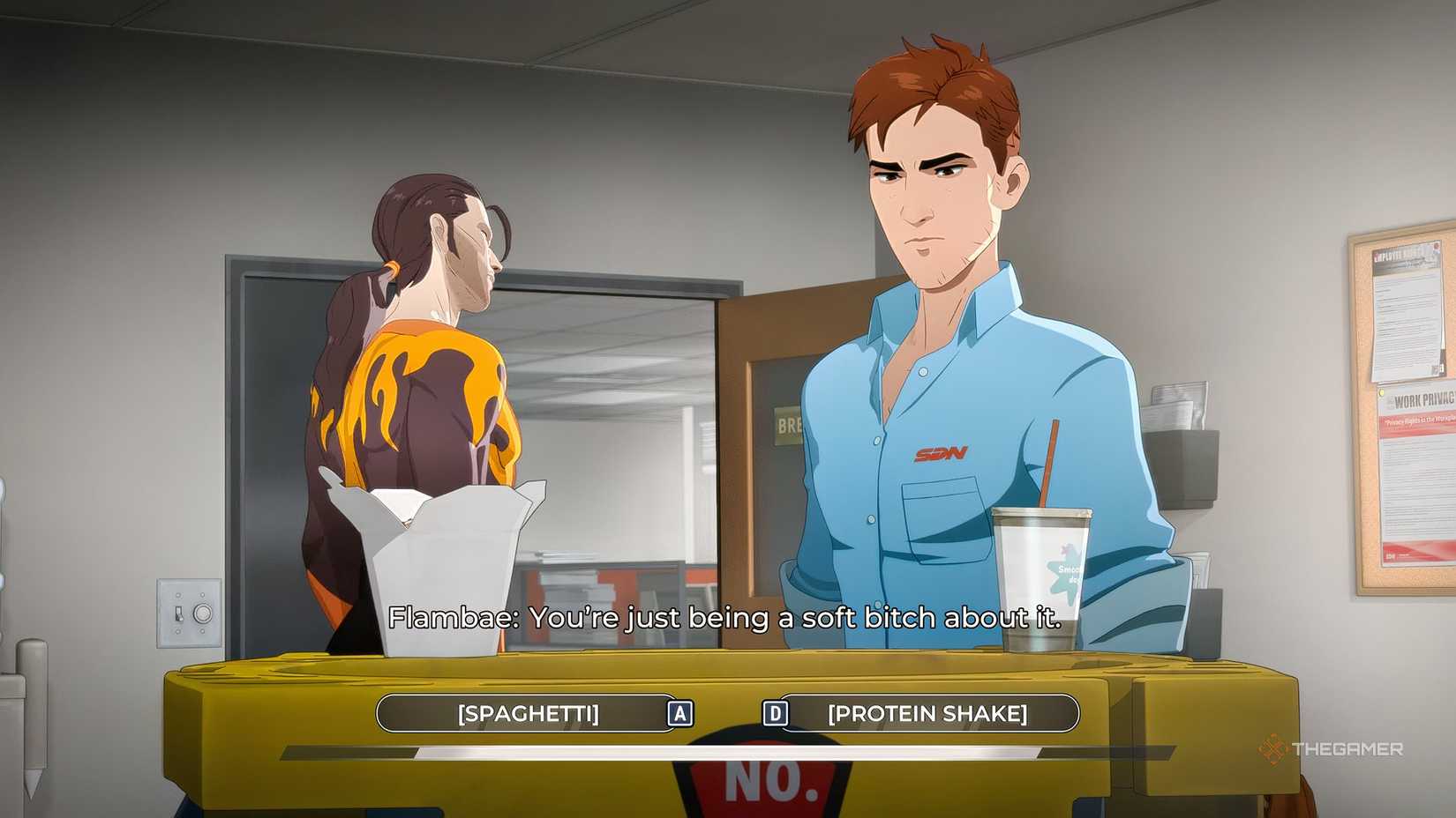 Dispatch Episode 4 Robert is contemplating about throwing trash at Flambe in the break room.