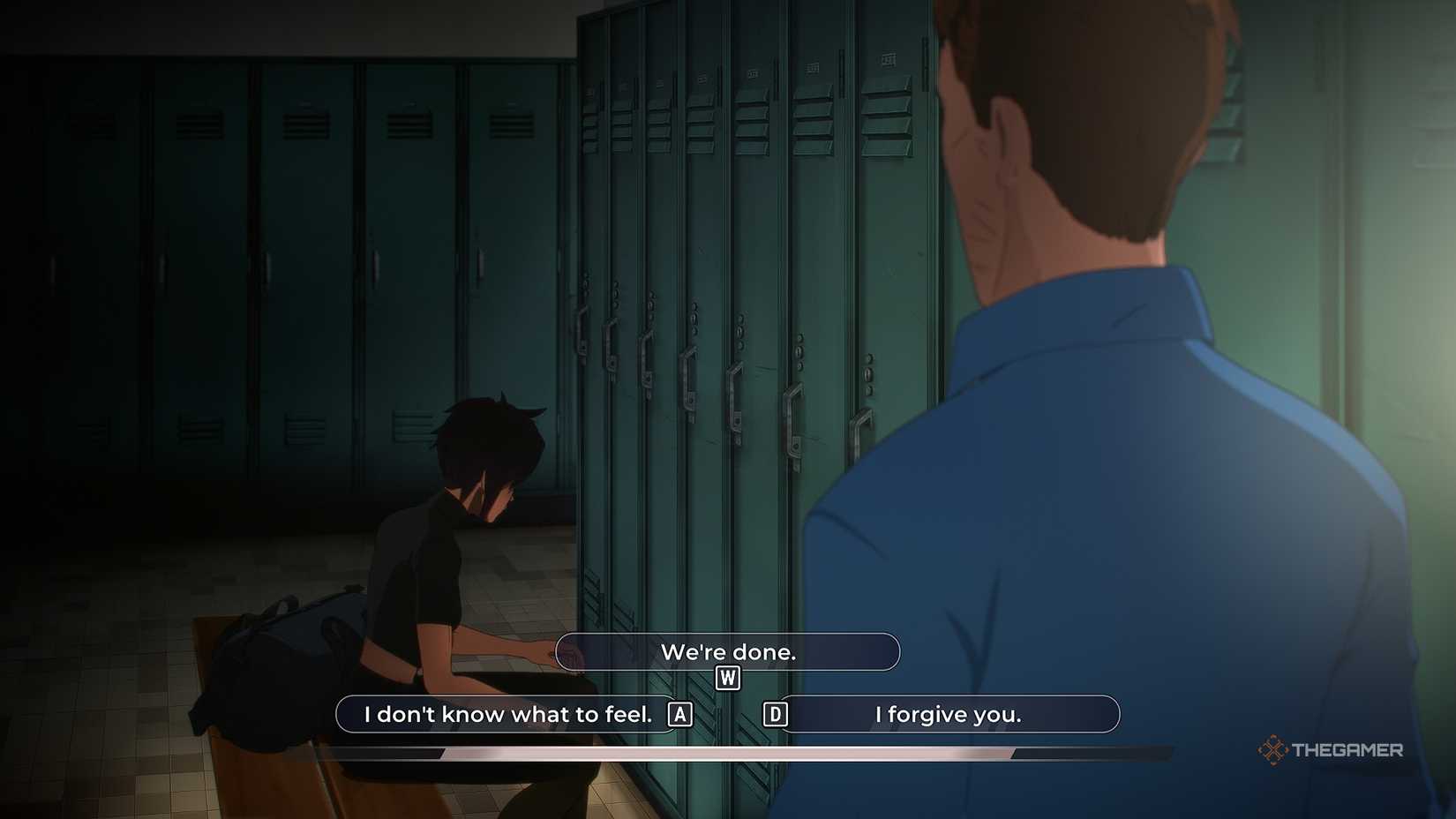 Dispatch sits on the invisible bench looking down at the locker room as Robert must choose whether or not to forgive him.