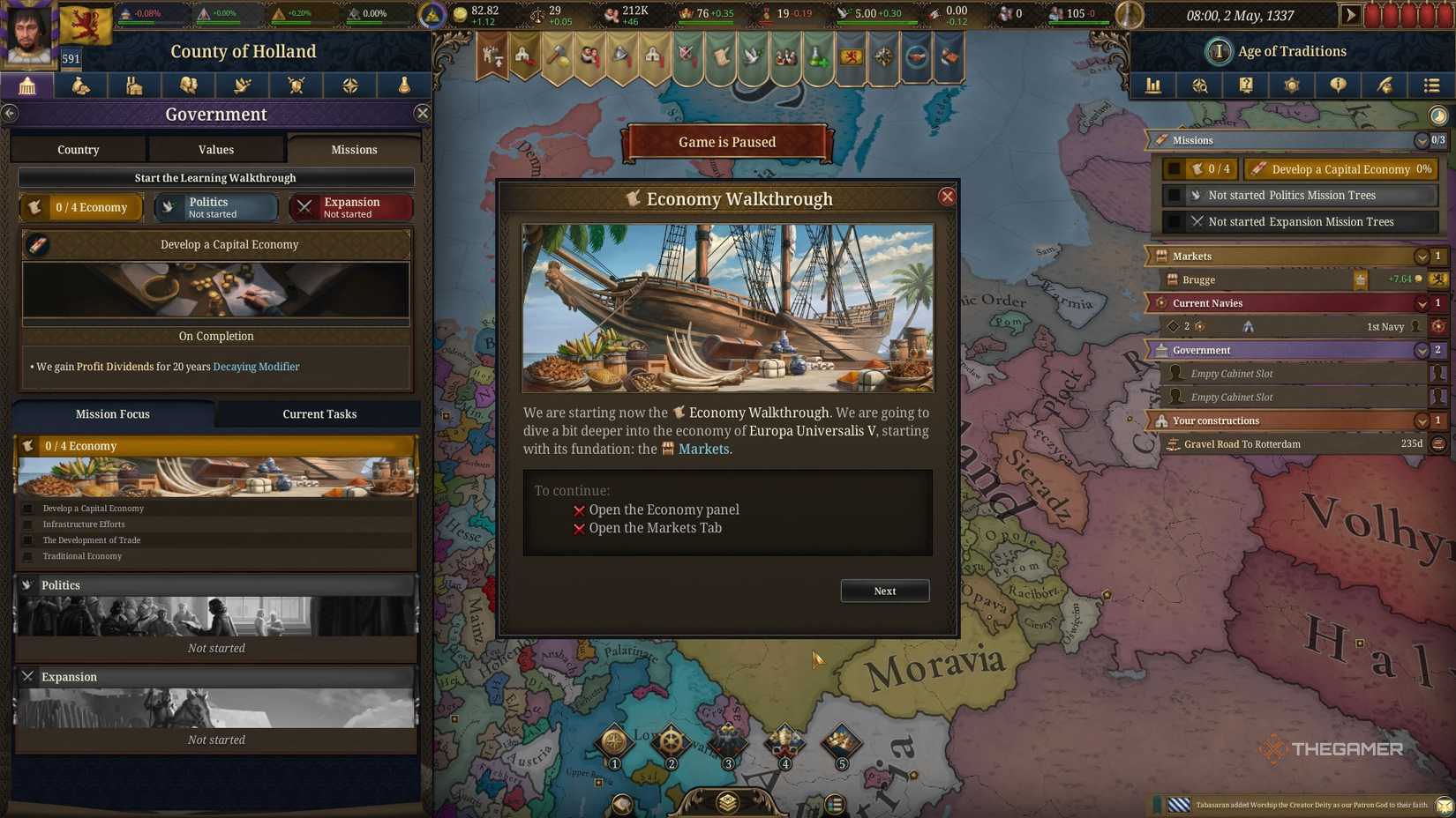 Economy Mission Tree overview while playing as Holland in Europa Universalis 5.