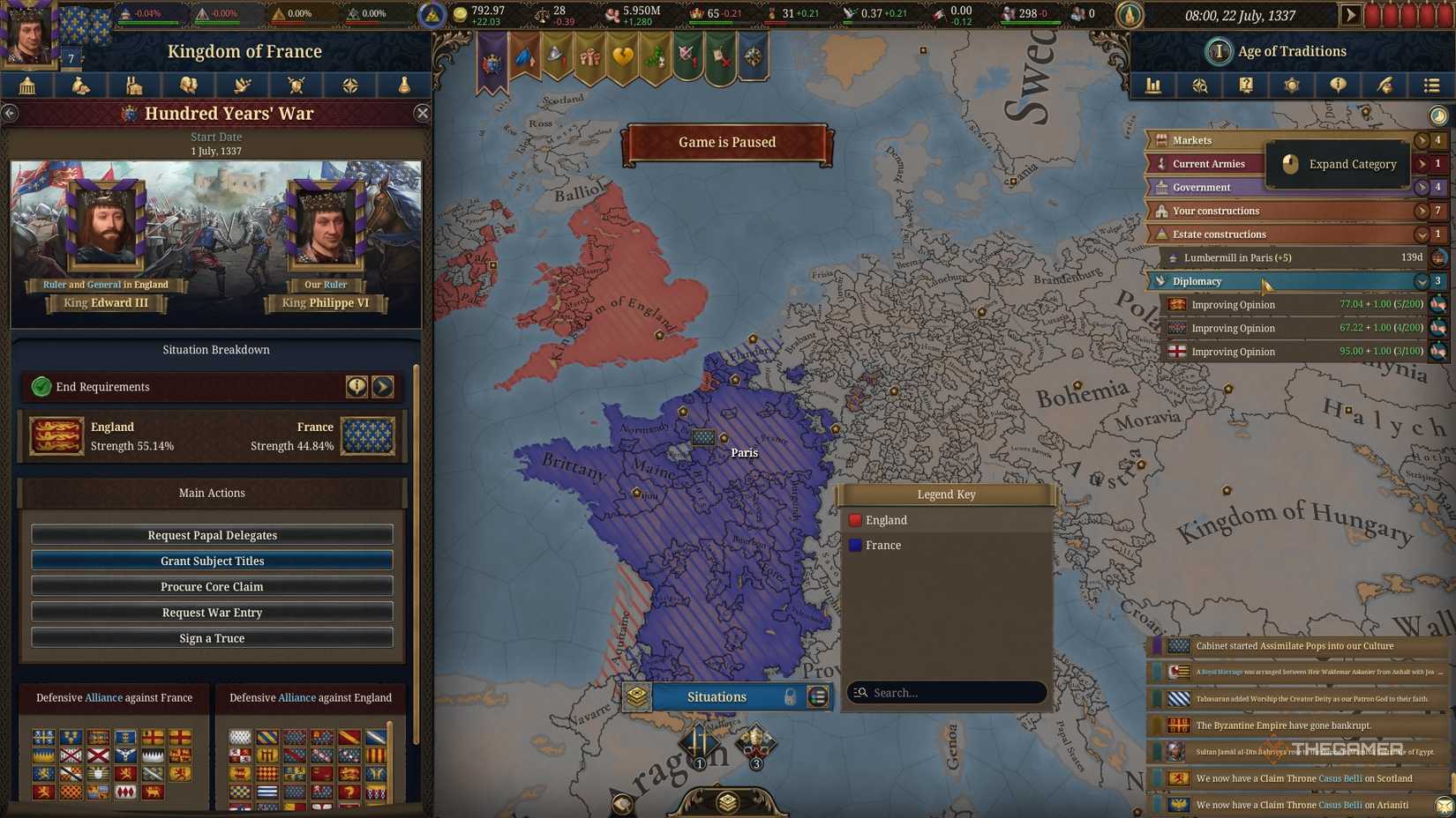 A territory of England and France at the start of the Hundred Years' War in Europa Universalis 5, with ambiguous ownership of Aquitaine.