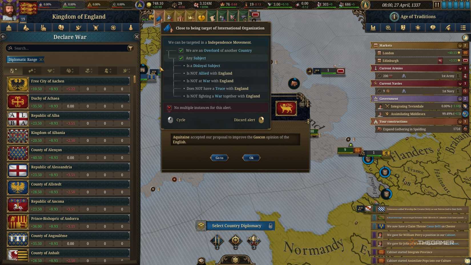 England is close to having a coalition declared against them in Europa Universalis 5.