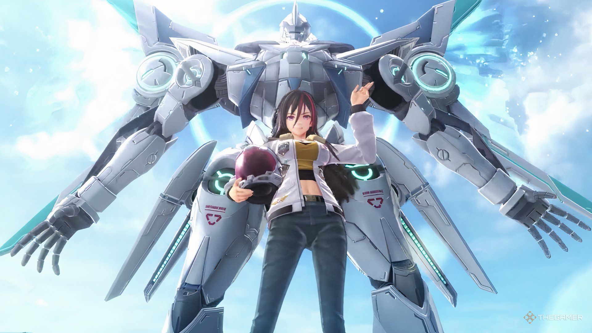 female protagonist holds a helmet while stood in front of a giant mech in Tales beyond the horizon.