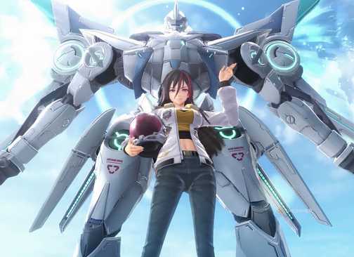 female protagonist holds a helmet while stood in front of a giant mech in Tales beyond the horizon.