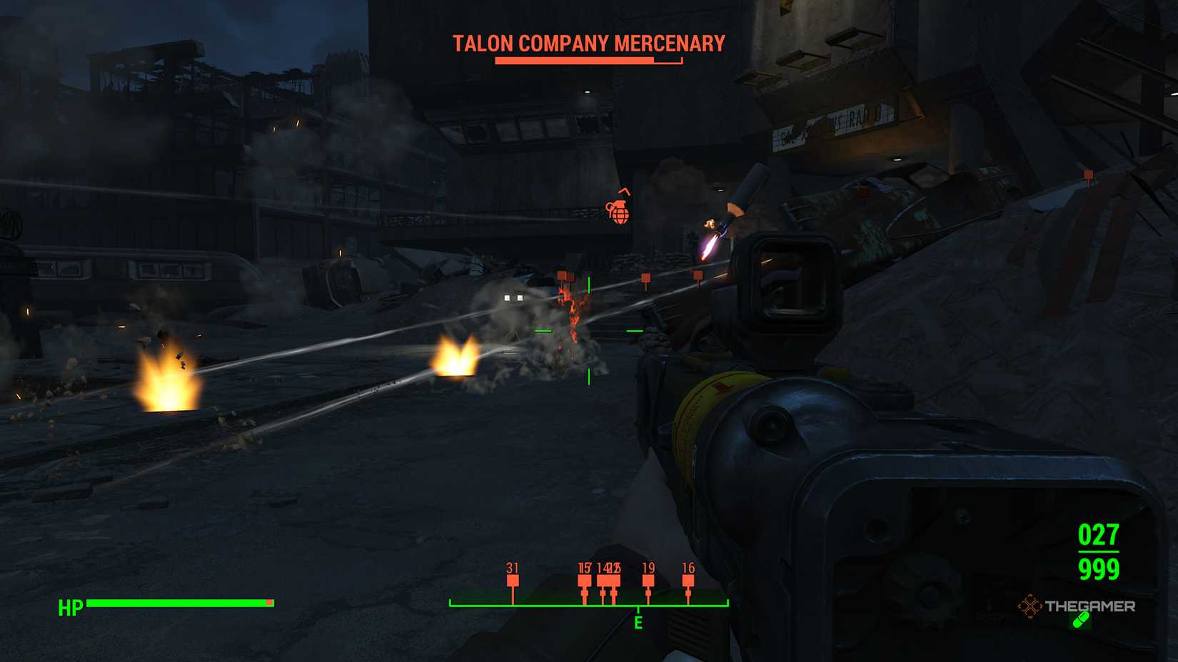 Fighting a collection of Talon Company Mercs in Fallout 4.