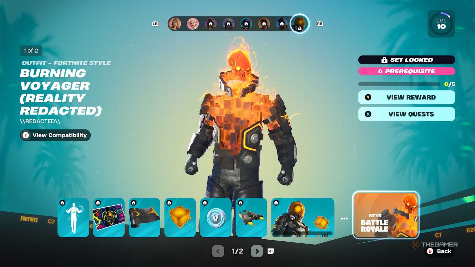 Fortnite Battle Pass Burning Voyager Reality Edited cosmetics showing an orange skull guy with flames. 