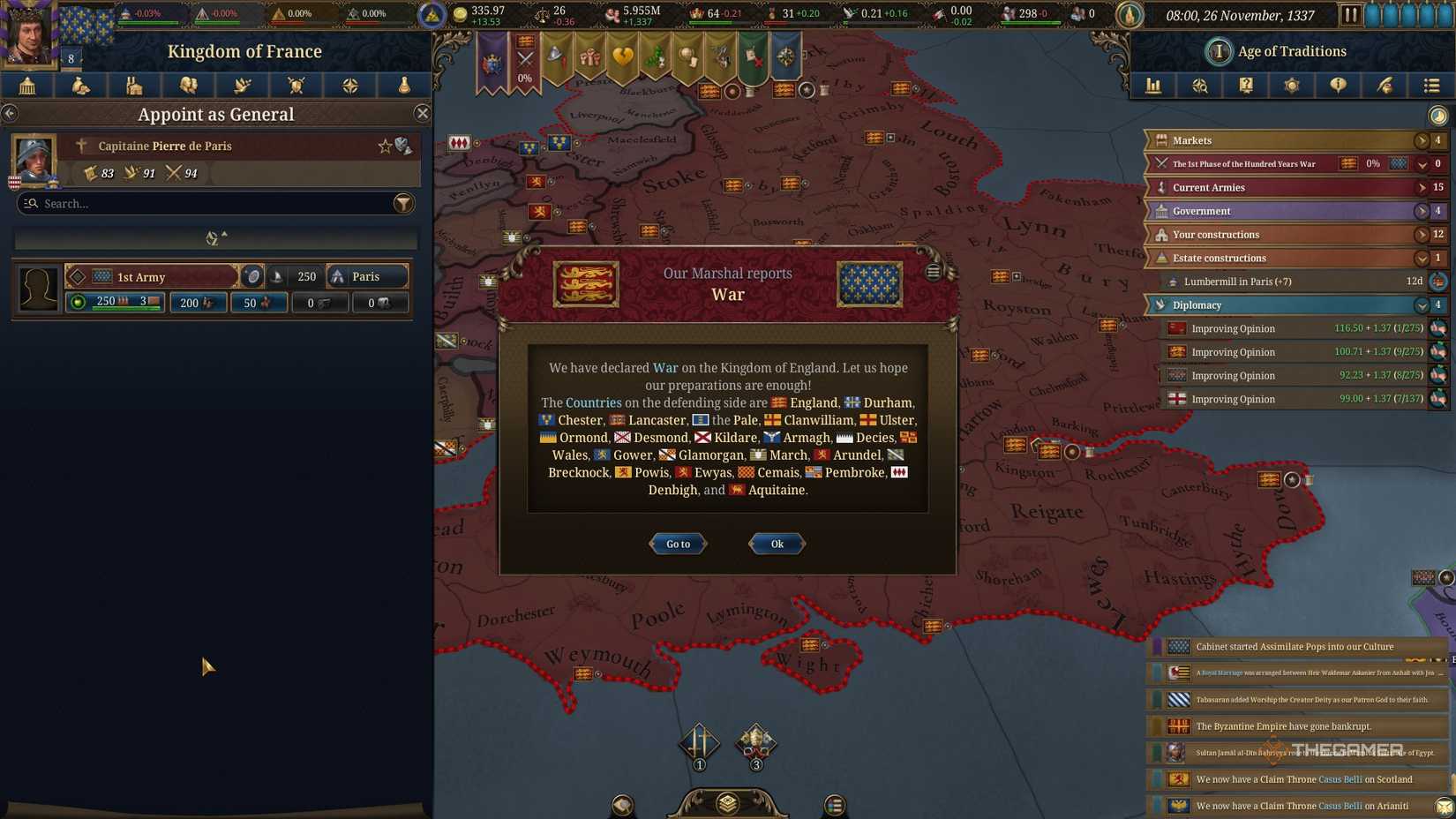 France declares war on England to begin fighting in the Hundred Years' War in Europa Universalis 5.
