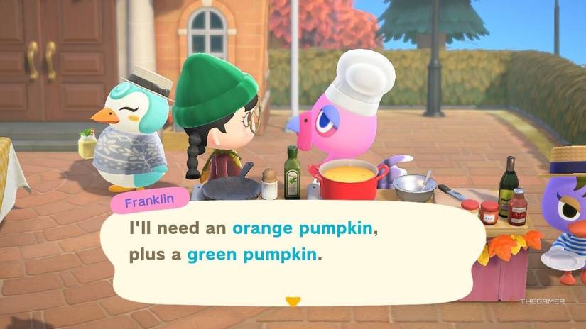 Franklin asks for orange and green pumpkins for Turkey Day in Animal Crossing New Horizons.