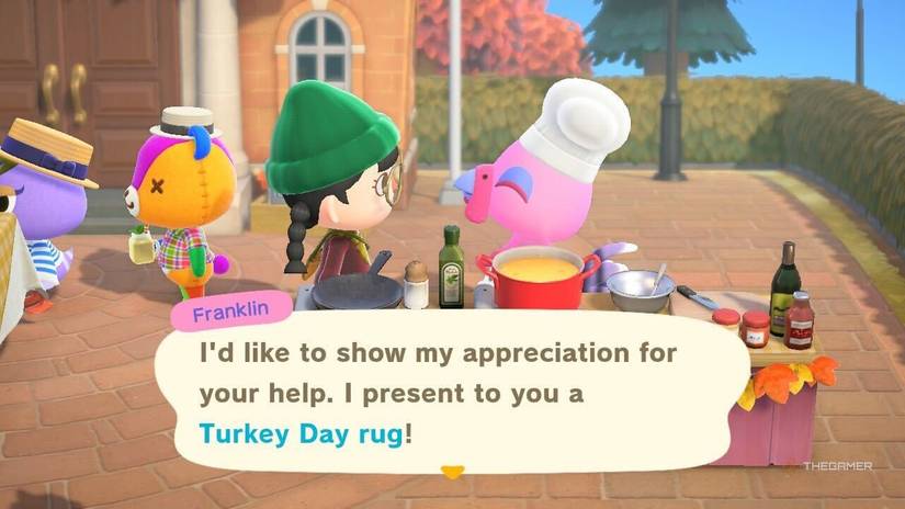 Franklin gives a carpet reward for Turkey Day in Animal Crossing New Horizons.