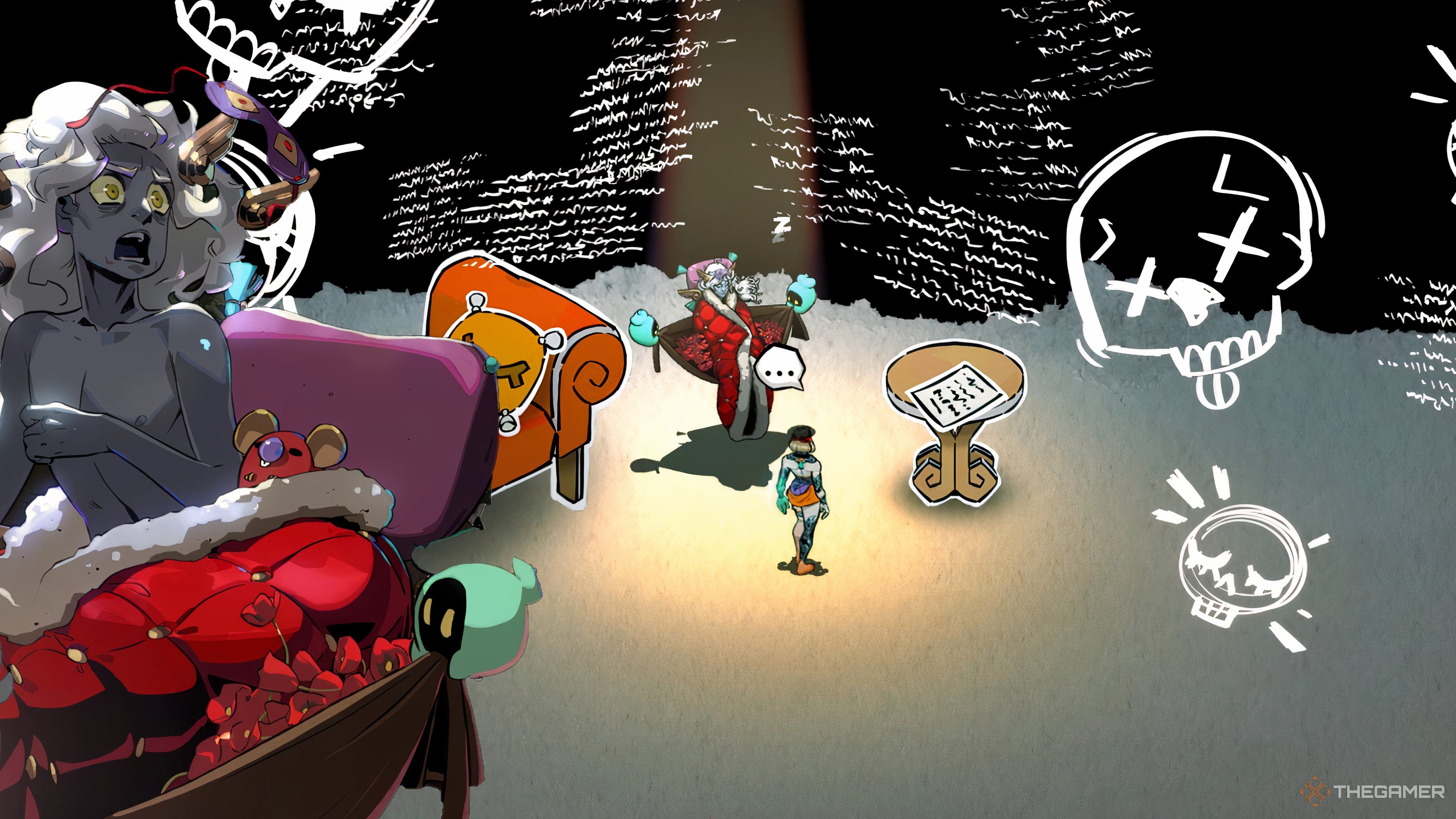 Melinoe stands in Hypnos' final dream as Hypnos himself wakes up in a panic in Hades 2.