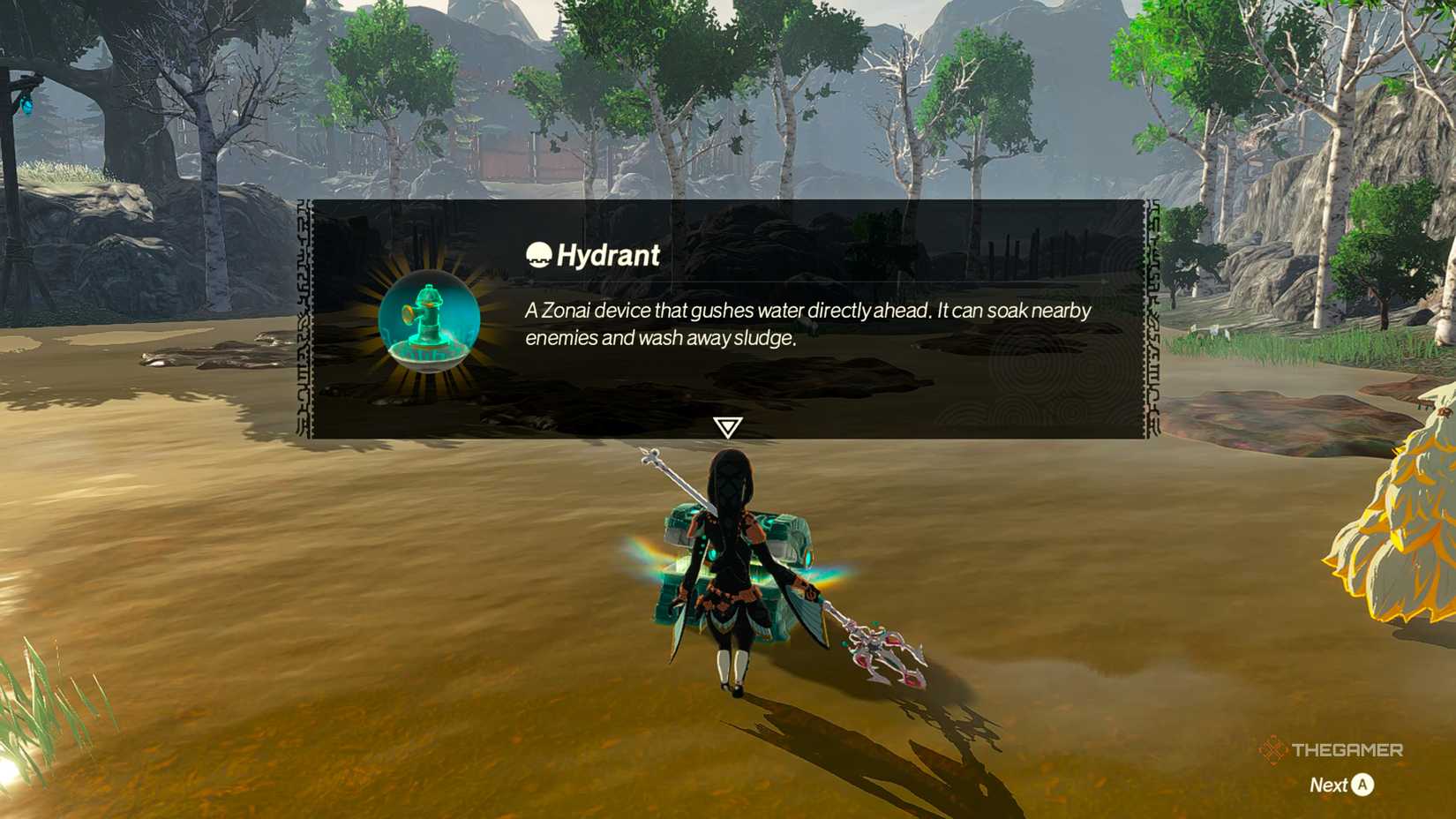 Qia retrieves the Hydrant Zonai device from a chest in Hyrule Warriors: Age of Imprisonment.