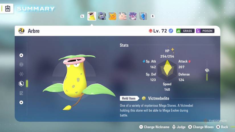 An overview of a Victreebel's stats in Pokemon Legends: Z-A.