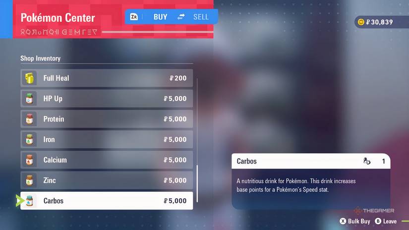 A list of vitamins in the Pokemon Center in Pokemon Legends: Z-A.