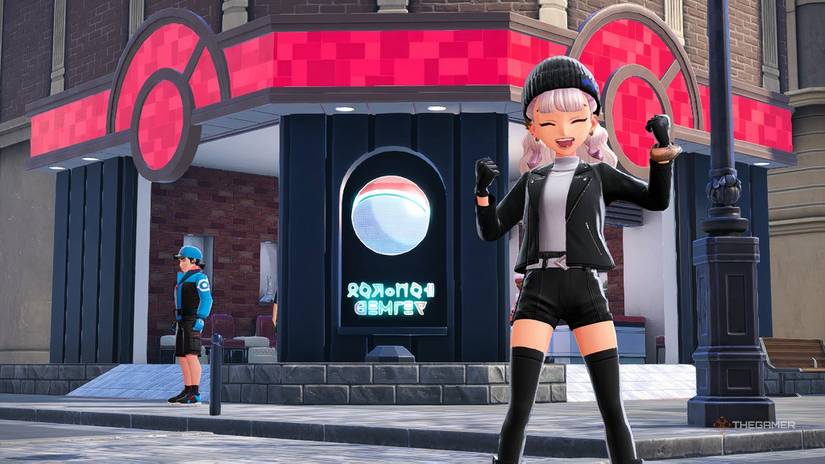 Trainer standing in front of a Pokemon Center in Pokemon Legends: Z-A.