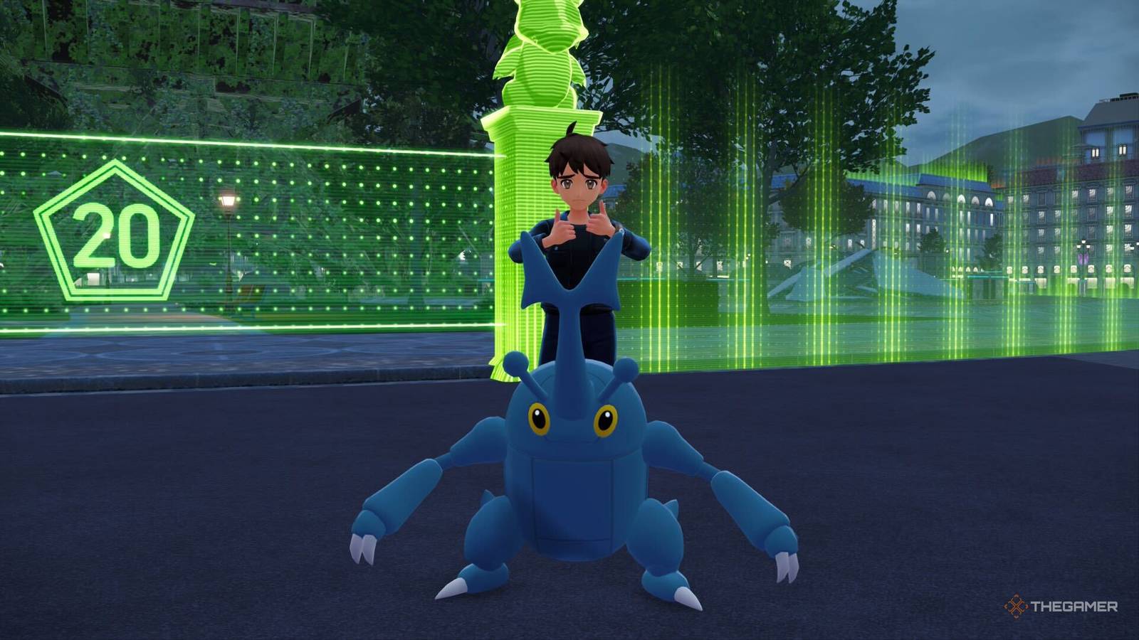 A character stood behind a heracross, thumbs up, looking sad.