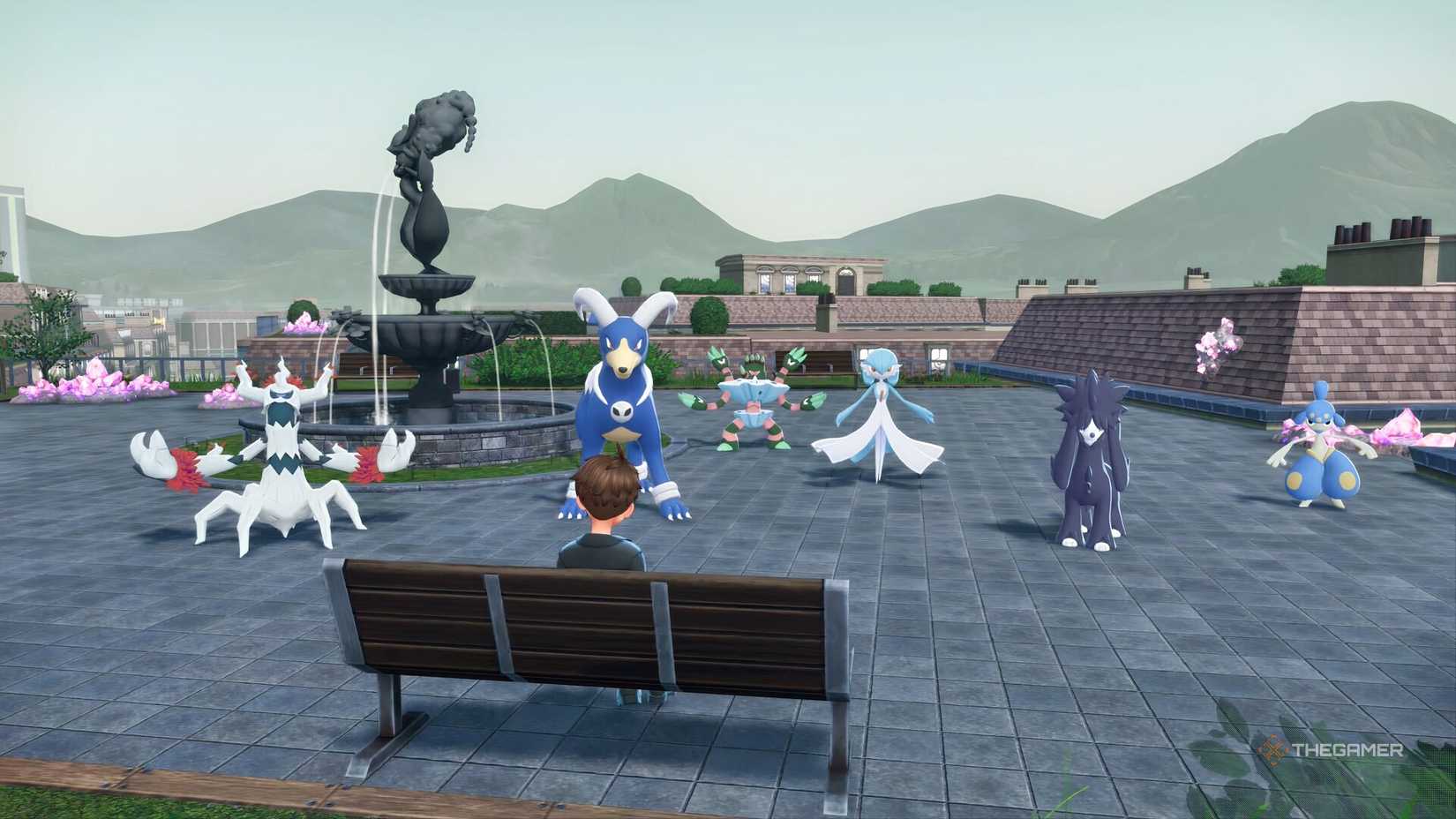 IMG_7340 宝可梦训练师坐在长椅上，旁边有闪耀的雷电狗、火狗、狂暴兽、沙奈朵、弗富多和梅露奇。