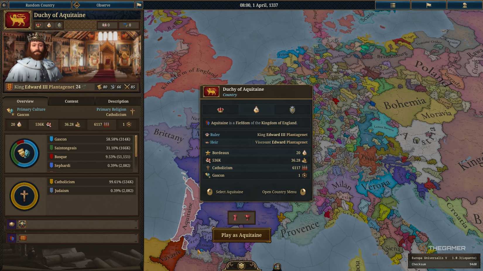 Information about the Duchy of Aquitaine from EU5, where the Hundred Years' War begins in Europa Universalis 5.