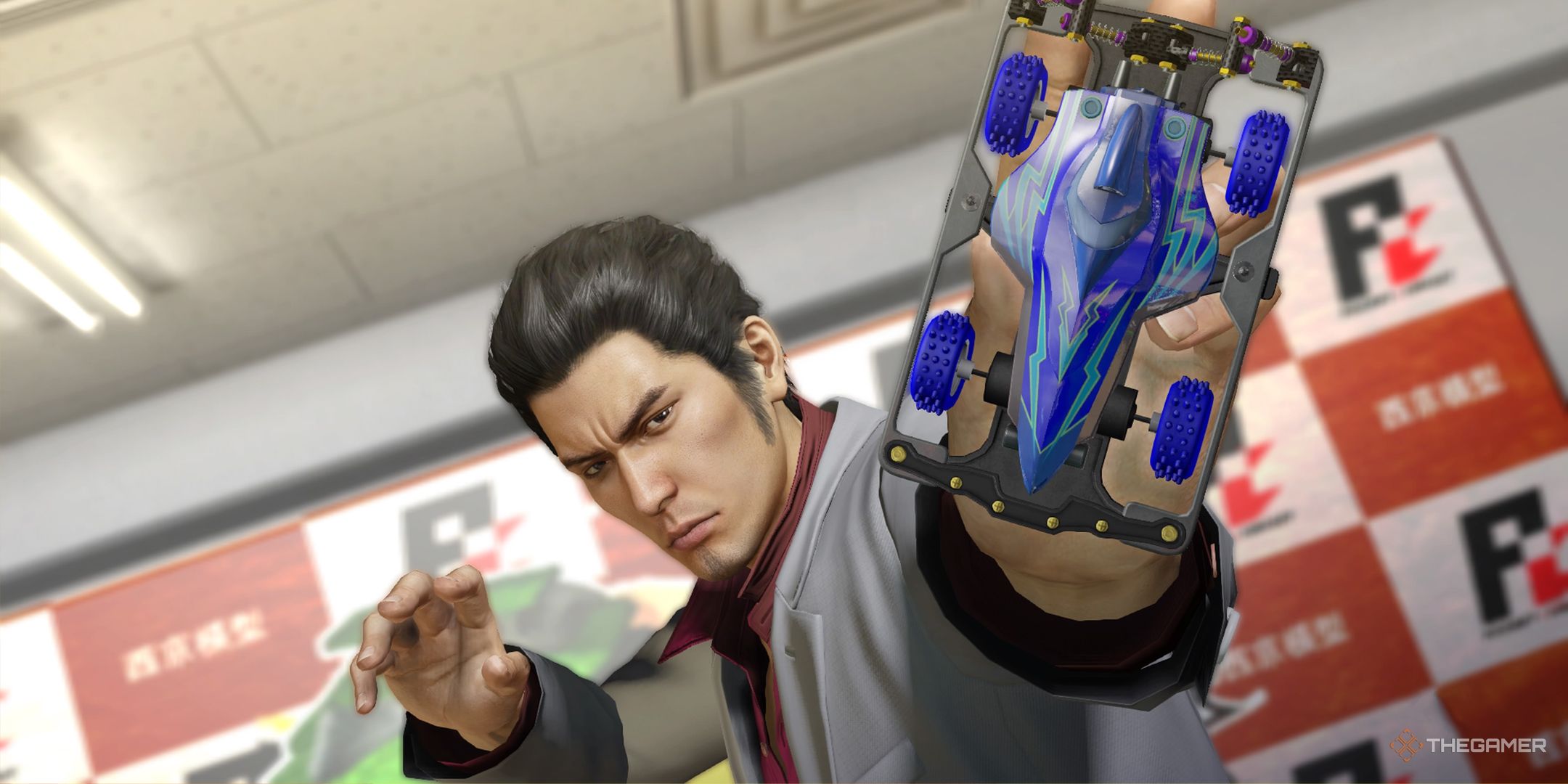 Kiryu holding a Pocket Circuit Racer car in Yakuza Kiwami.