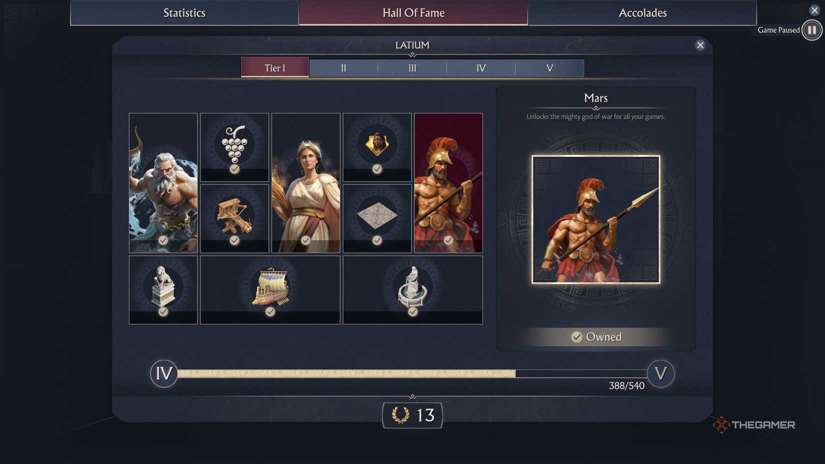 Latium Hall Of Fame reward page.