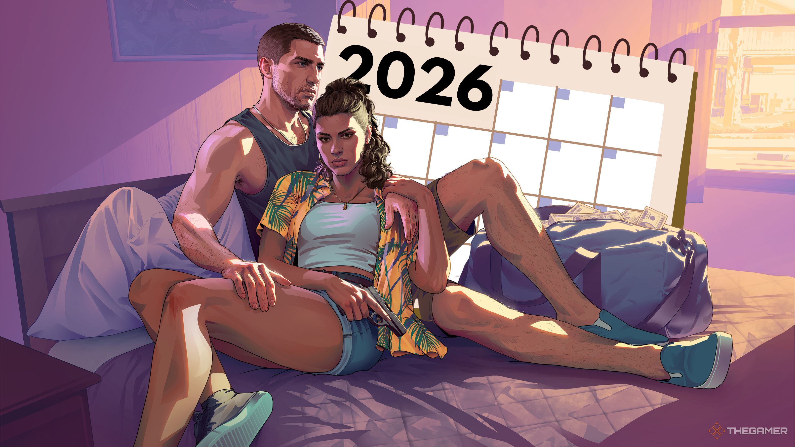 Lucia e Jason de GTA 6 em frente a um calendário