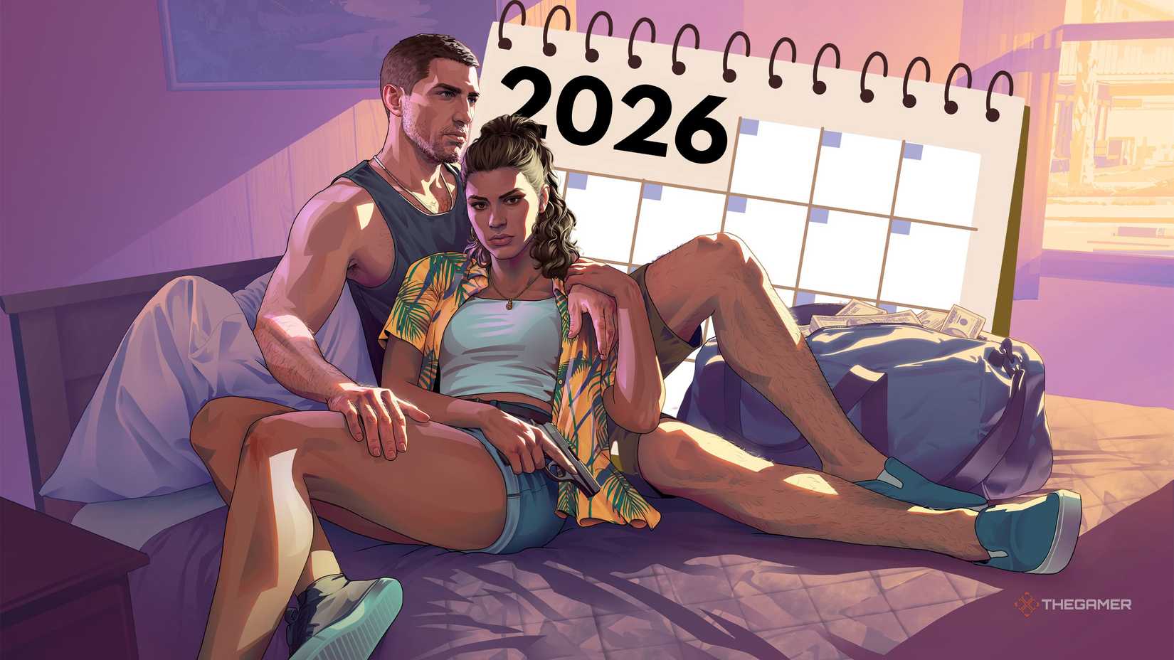 Luica and Jason from GTA 6 in front of a calendar