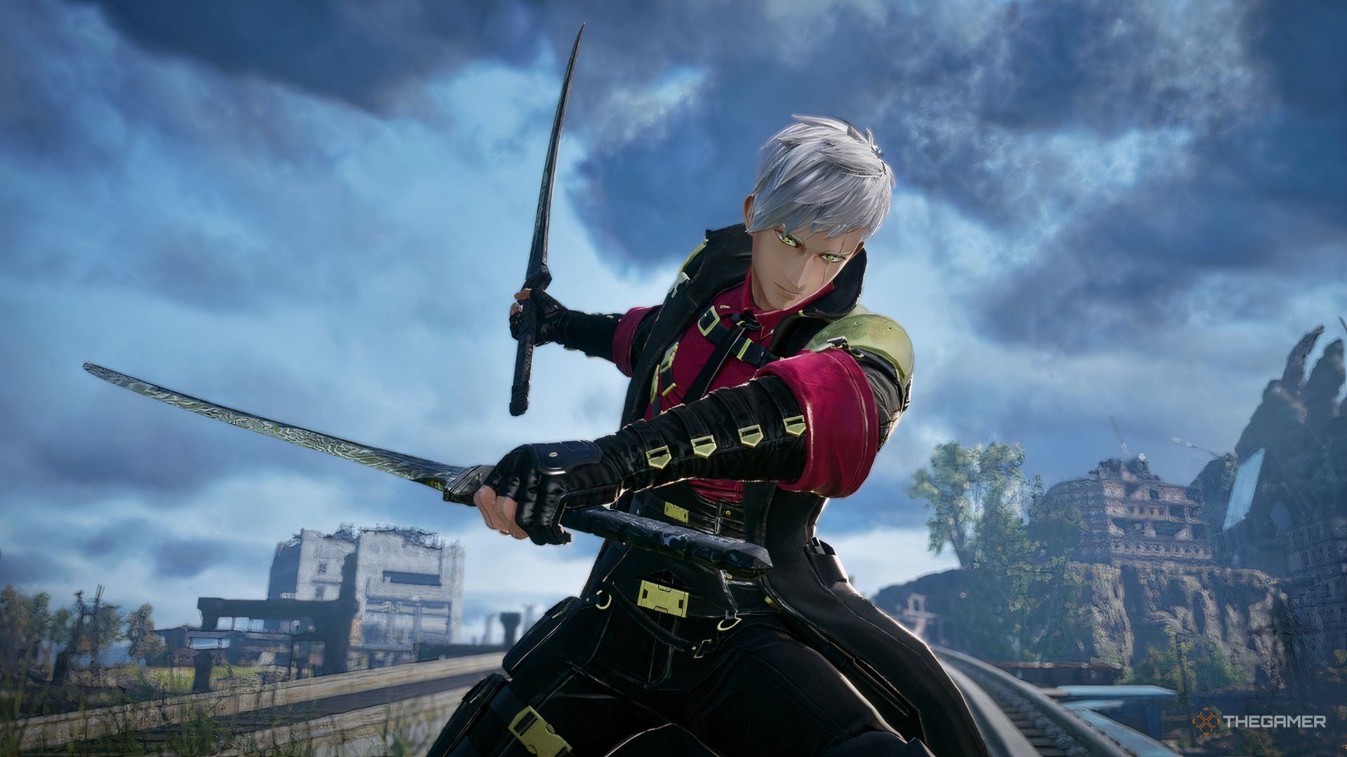 Male with short hair from Code Vein 2 wielding two swords as he stands against a city background.