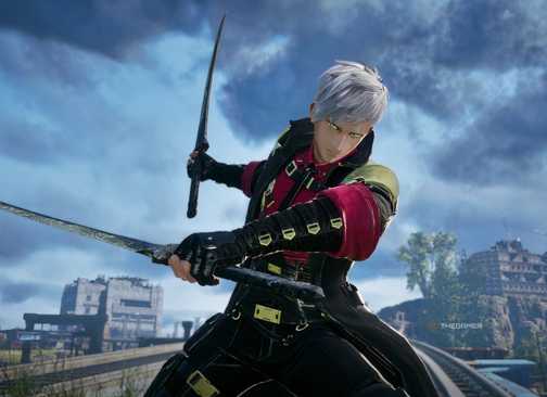 Male with short hair from Code Vein 2 wielding two swords as he stands against a city background.