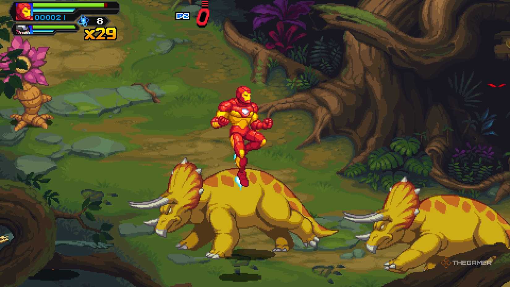 A dinosaur stampede in Marvel Cosmic Invasion.