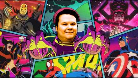 Frederic Gemus in front of a Marvel Cosmic Invasion backdrop.