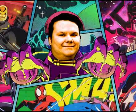 Frederic Gemus in front of a Marvel Cosmic Invasion background.