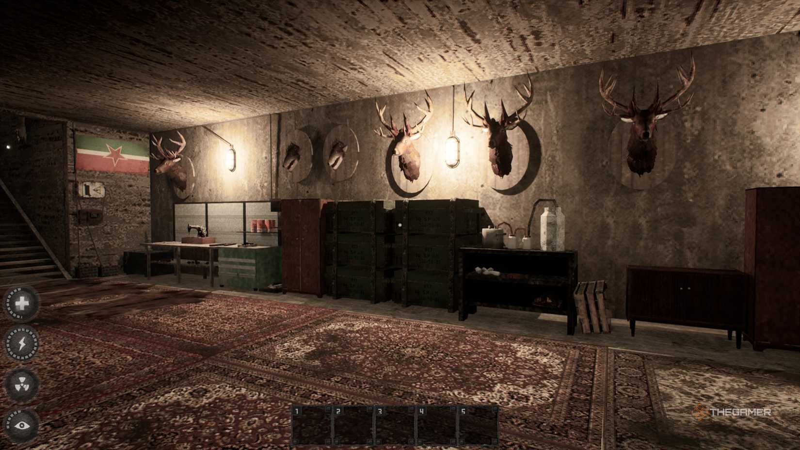 A bunker with several crafting tables in Misery.