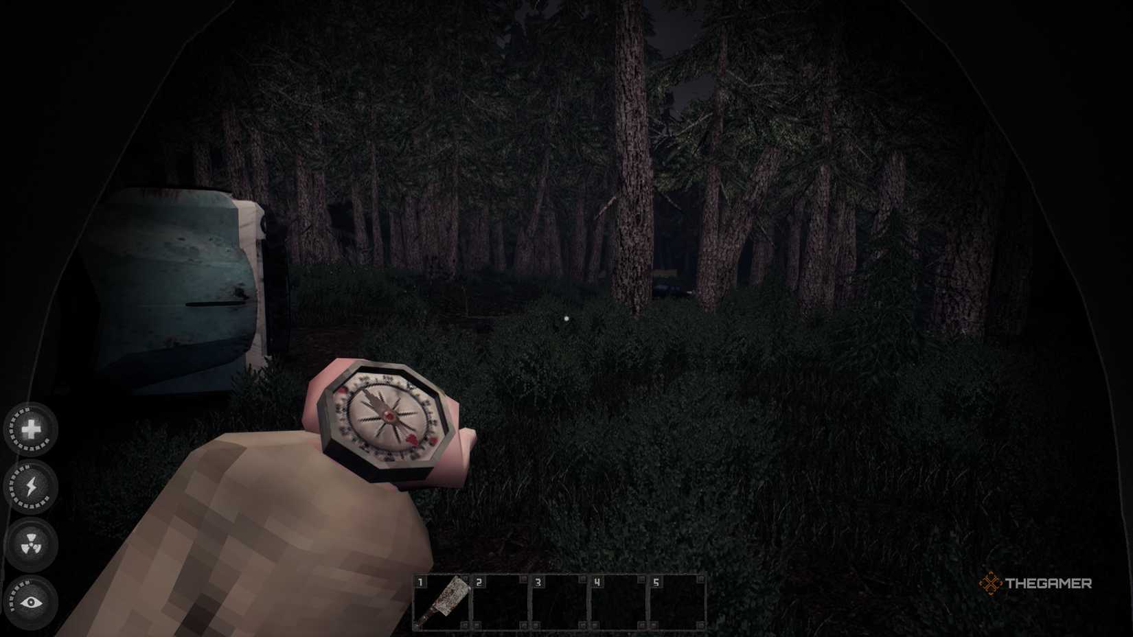 A player looking at a compass in the woods of Misri.
