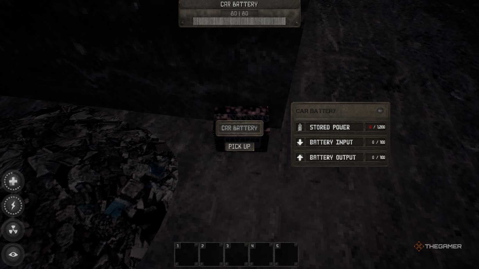 The player looking at a Car Battery with no power in Misery.