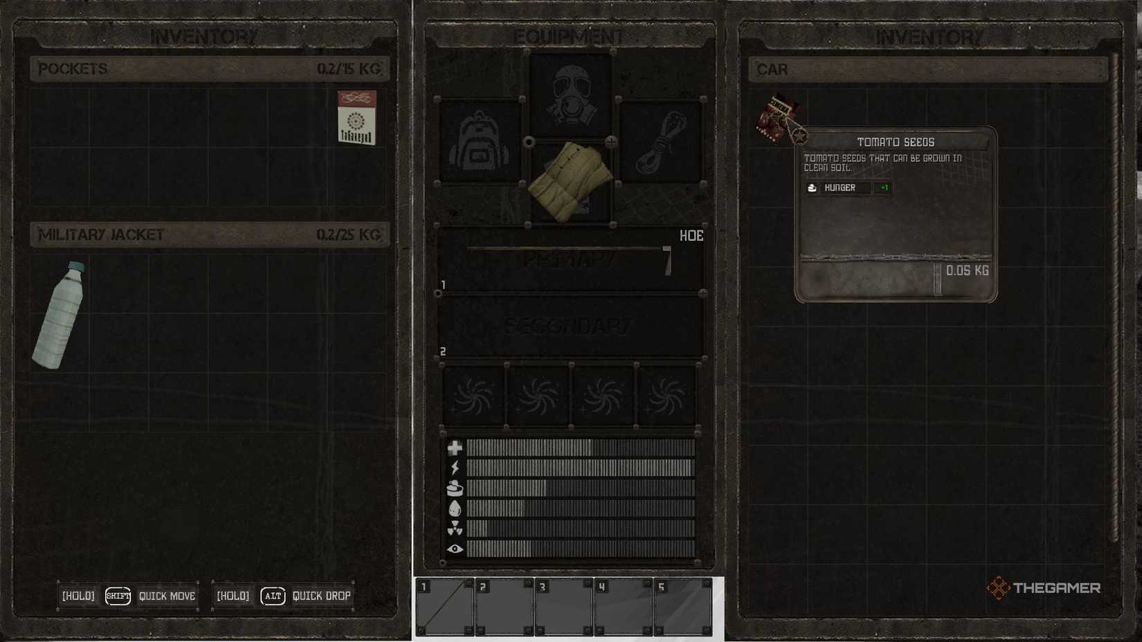 Inventory tab showing Tomato Seeds on Misery's car.