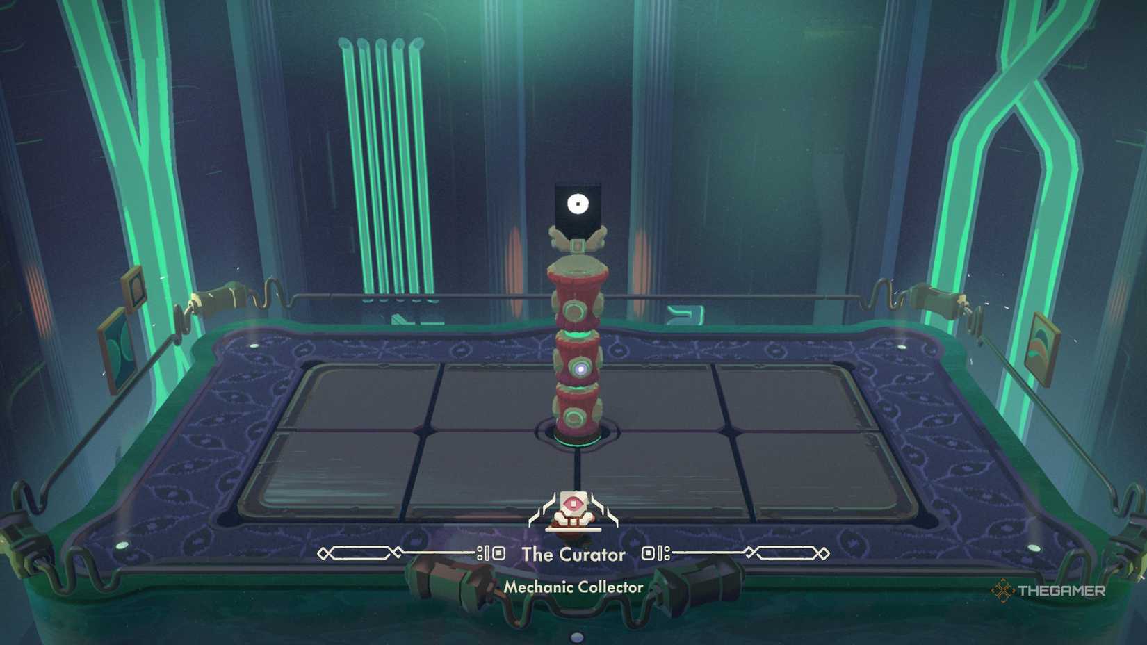 The player looks at The Curator during his presentation in Moonlighter 2.